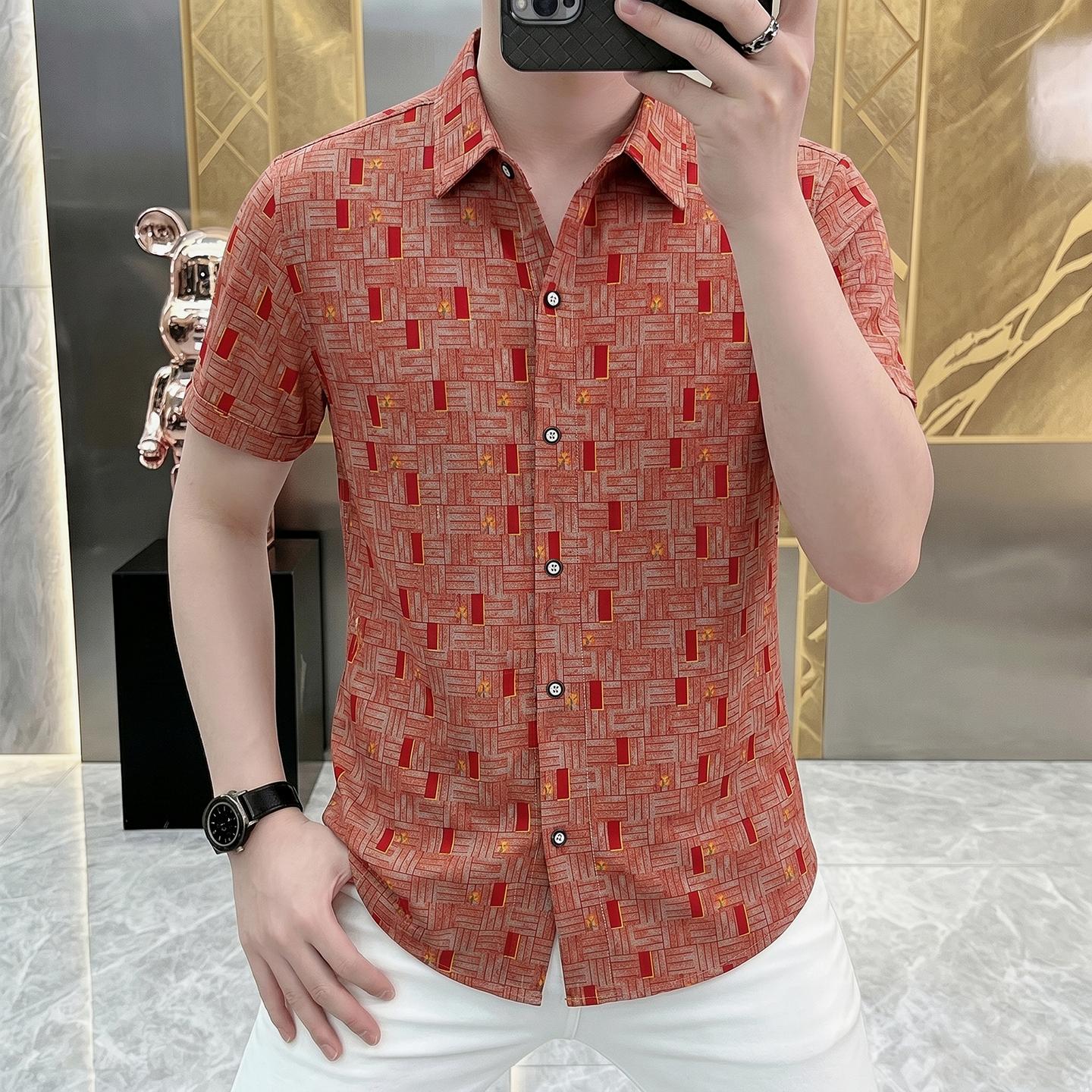 夏季男士潮流个性轻薄透气翻领短袖衬衫凉感时尚百搭休闲修身