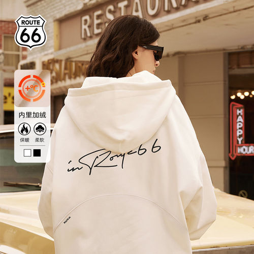 ROUTE66/66号公路连帽卫衣开衫男秋冬外套女2025新款加绒加厚上衣