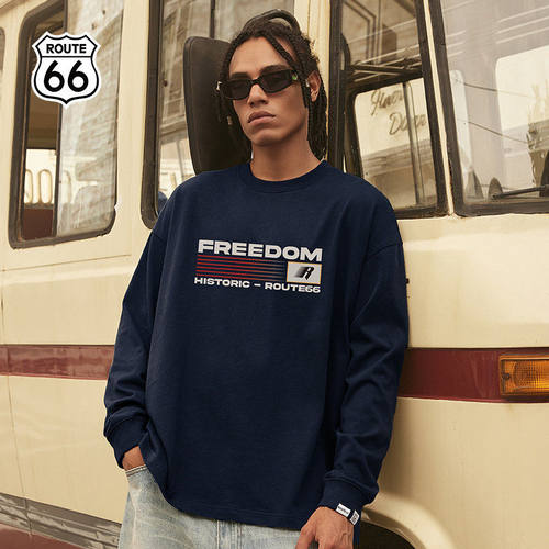 ROUTE66秋季圆领长袖卫衣美式潮牌情侣装复古宽松上衣男女同款