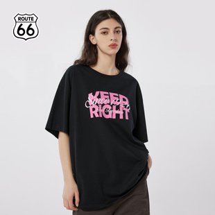 ROUTE66美式复古撞色印花短袖T恤夏季情侣装宽松潮流半袖上衣