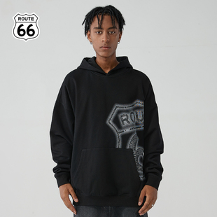 ROUTE66/outlets店 美式潮牌秋冬季新款重磅连帽卫衣男印花上衣潮