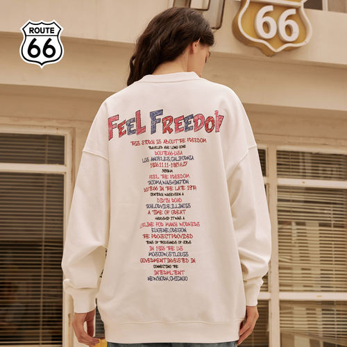 ROUTE66手绘体印花圆领卫衣情侣装2026秋季美式复古街头潮流长袖T