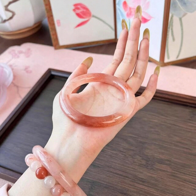 天然桃花酿金丝玉手镯女款圆条