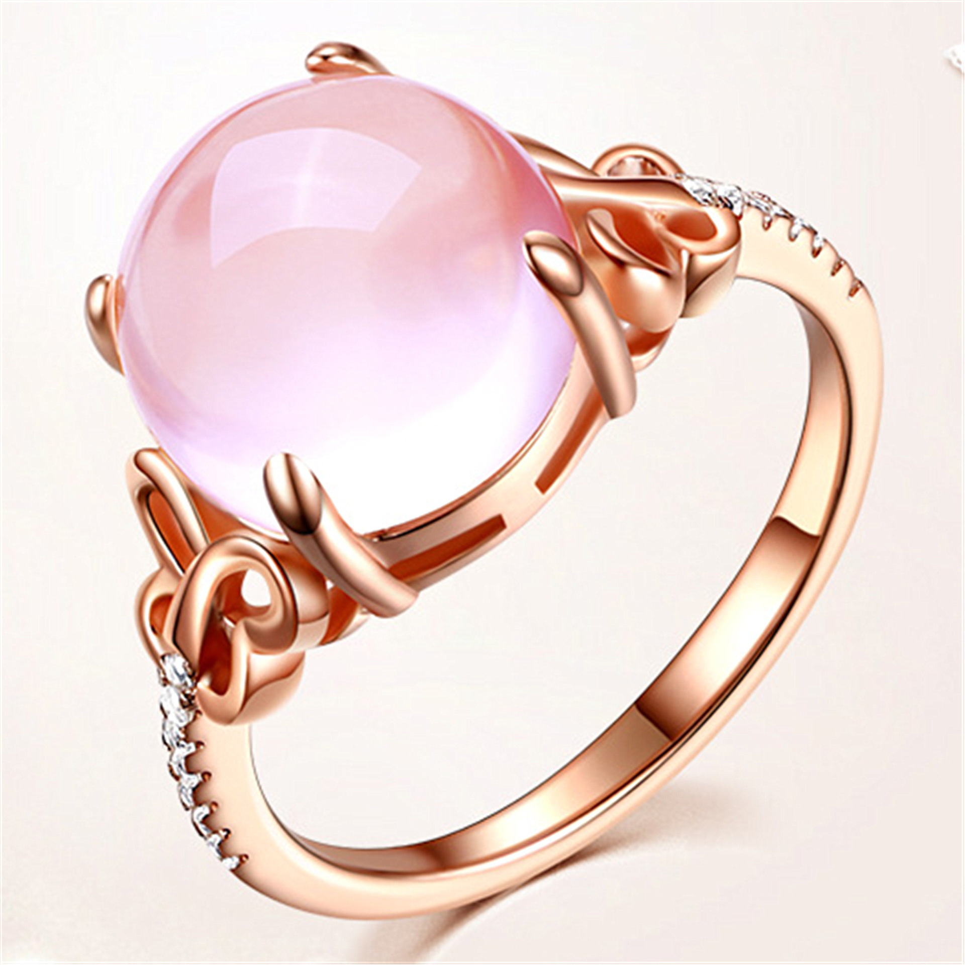 天然粉紫玉髓蛋面戒指女款指环玉戒指女简约大气款可调节送证包邮