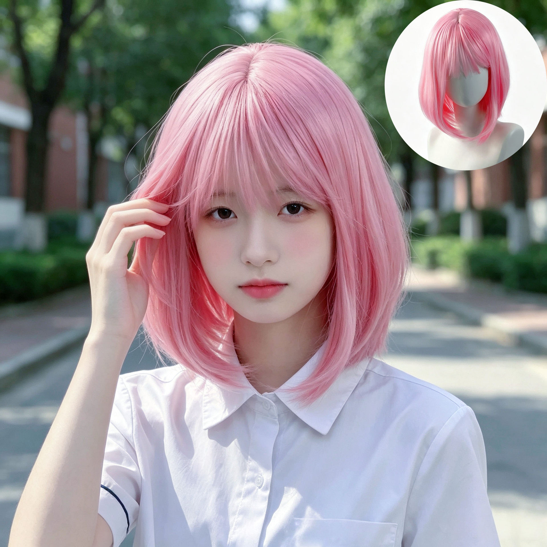 假发女短bobo波波头自然修脸粉色