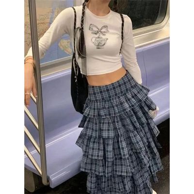 Vintage Y2k Midi Skirt Women Retro Jupe High Waist A-line Ca