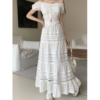2024 New French Retro Gentle Long Skirt Women White Embroide