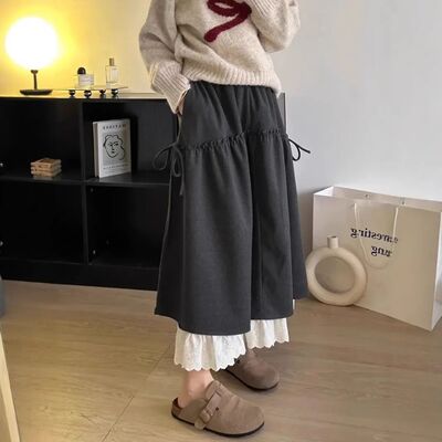 Sweet Style Elastic Waist Wood Ear Edge Slimming A- line Lon