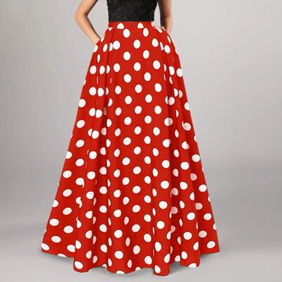 Polka Dot Flared A-line Women Maxi Skirt A-line Pleated Long