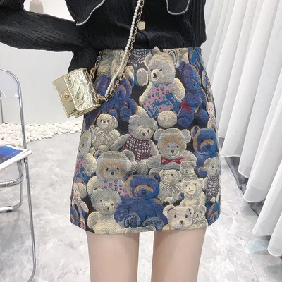 2025 Summer New Cartoon Bear Embroidery Skirts for Women Jap