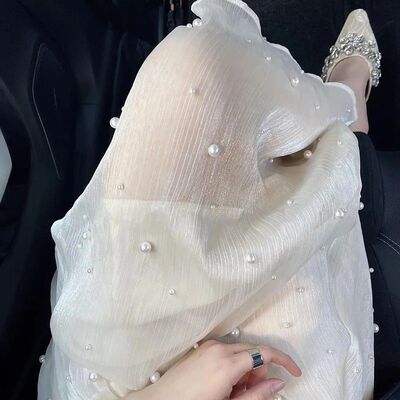 Elegant Pearl Mesh Midi Skirt Women Fashion Beading Patchwor