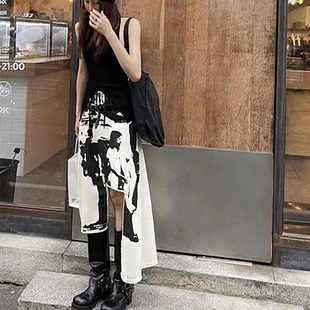 Fashion Vintage Print Skirt for Women Y2k Irregular Slim Fit