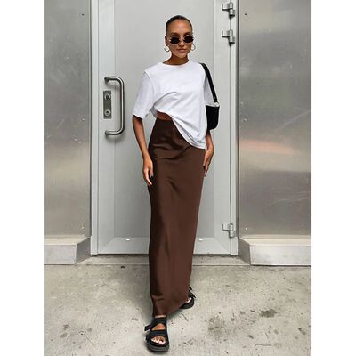 Elegant Satin Black Trumpet Skirts Fashion Slim High Waist S