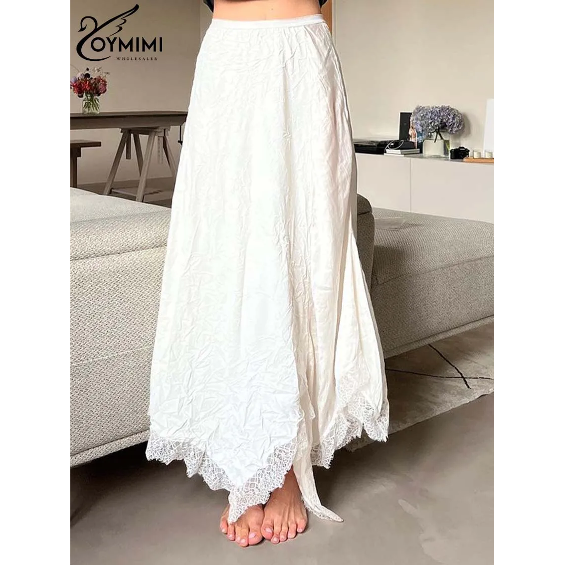 Oymimi Fashion White Lace Skirts For Woman Casual High Waist