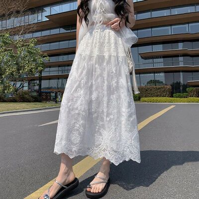 White Lace Hook Flower Women's Midi Skirts Summer Sweet Embr