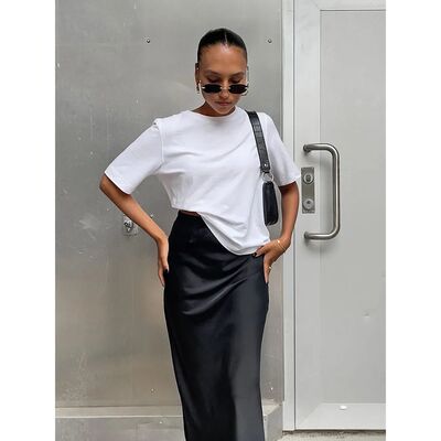 Elegant Satin Black Trumpet Skirts Fashion Slim High Waist S