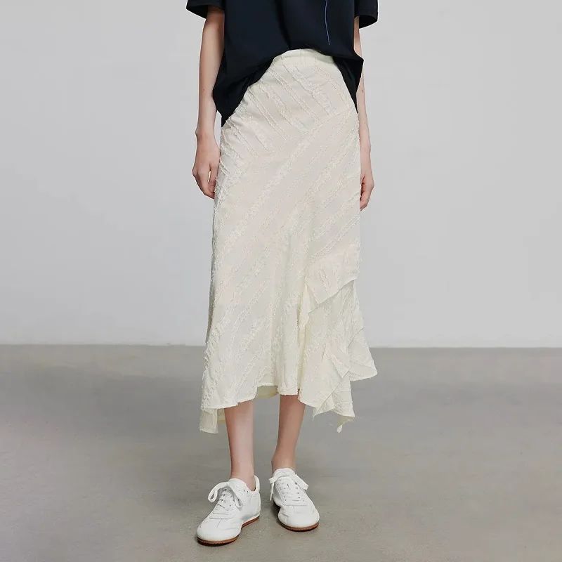 Irregular Ruffle White Fishtail Skirt Women Spring Summer Hi