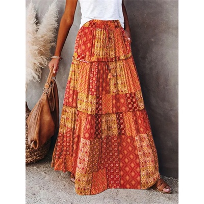 Women Bohemian Print Long Skirts Elastic High Waist Loose Ti