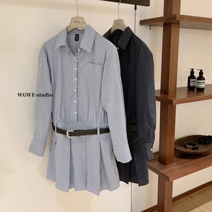 配皮带 翻领格子长袖 早秋连衣裙 裙子韩系学院风收腰巨好看 衬衫