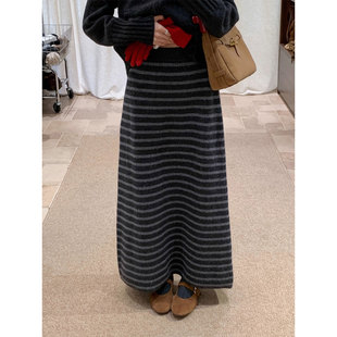 日系慵懒复古风针织条纹半身裙女冬2026春季长款高腰显瘦A字裙子