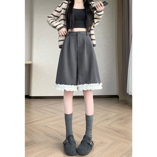 子 女秋冬高腰宽松阔腿休闲五分裤 高级设计感花边直筒毛呢西装 中裤