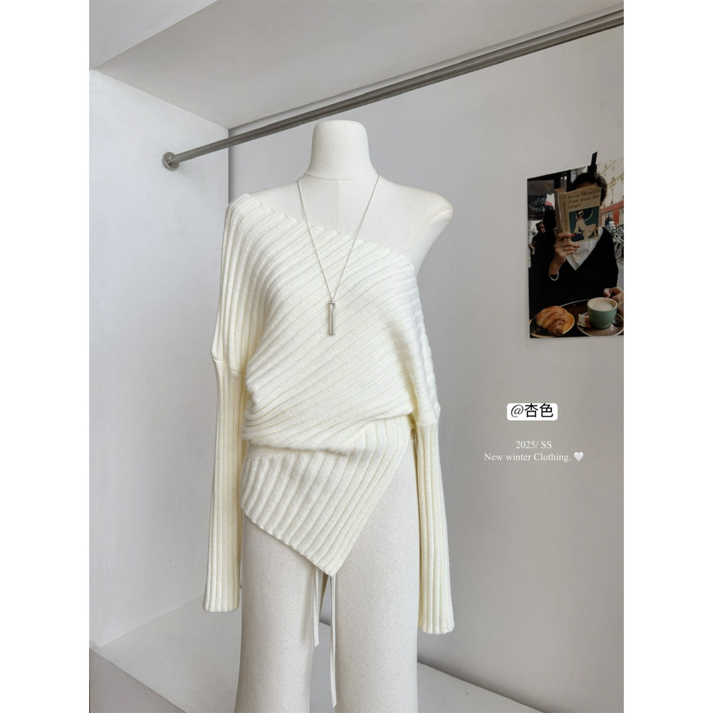 温柔风气质斜肩坑条针织衫女装2026春秋冬不规则收腰显瘦开叉毛衣,女装/女士精品,毛针织衫,淘宝优惠券,粉丝福利购,淘宝优惠卷