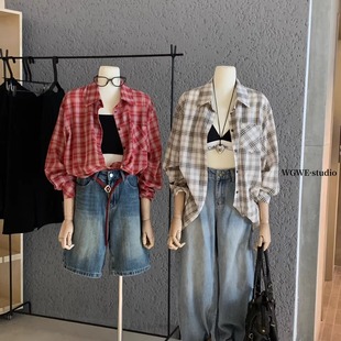 女格子衬衣外套单穿上衣潮 衬衫 2025秋新款 慵懒风宽松休闲格纹长袖