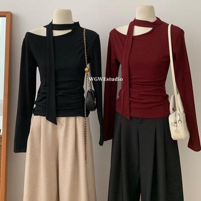 斜肩飘带长袖T恤女秋季设计感