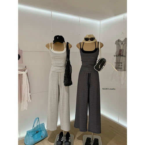 假两件条纹吊带背心女+直筒长裤