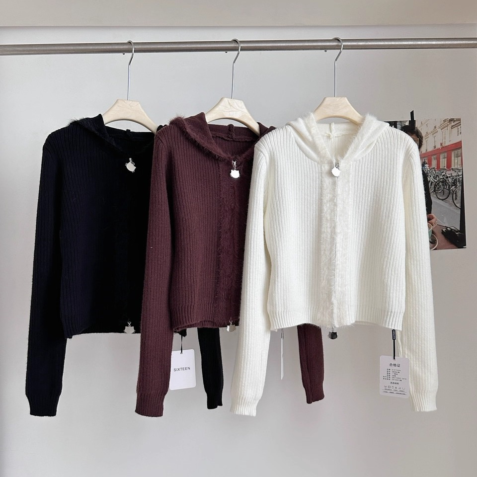 毛边拼接连帽长袖毛衣外套女2025