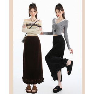 超好看春季木耳边黑色丝绒半身裙女冬包臀直筒一步裙开叉a字长裙