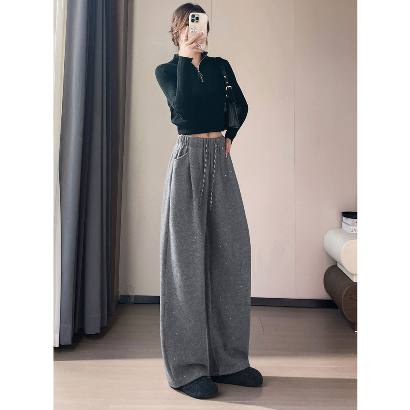 2026春季新款加厚烫金羊绒抽绳阔腿裤女巨好看的加绒裤子冬休闲裤,女装/女士精品,休闲裤,淘宝优惠券,粉丝福利购,淘宝优惠卷