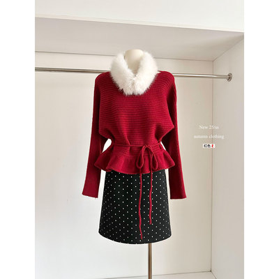 温柔毛领荷叶边绑带毛衣外套