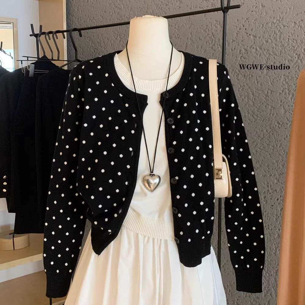 软软糯糯波点针织开衫女秋季撞色