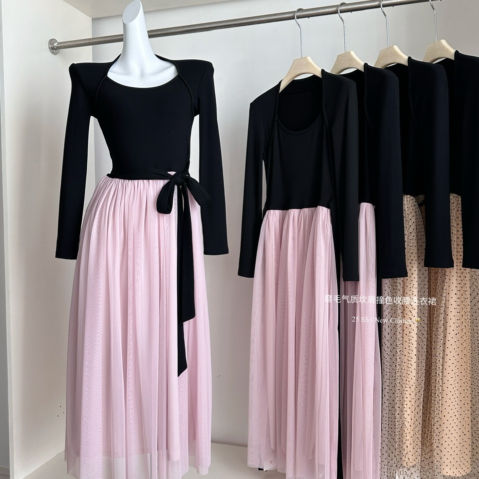 磨毛气质坎肩长袖连衣裙女秋冬