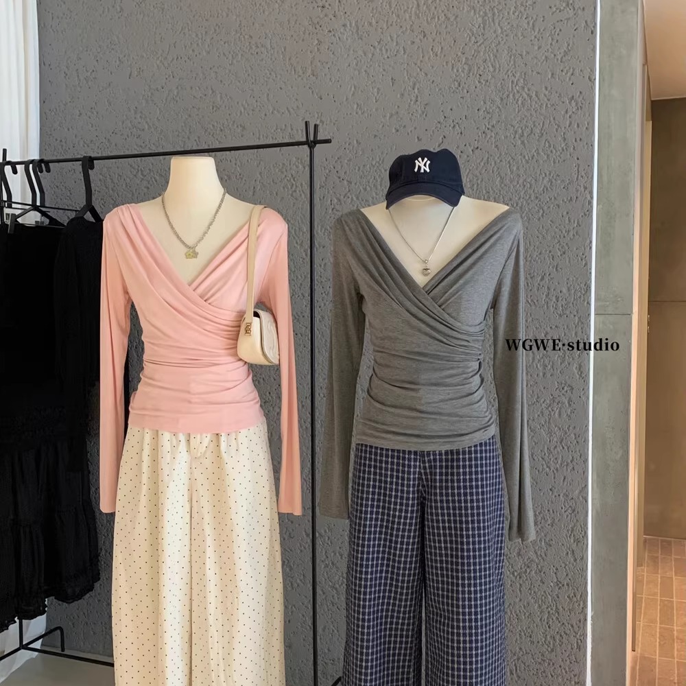 法式气质荡领羊绒长袖T恤女装