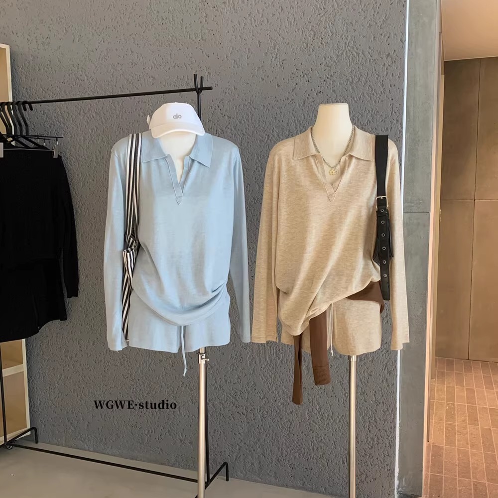 韩系Polo领套头薄款针织衫+短裤