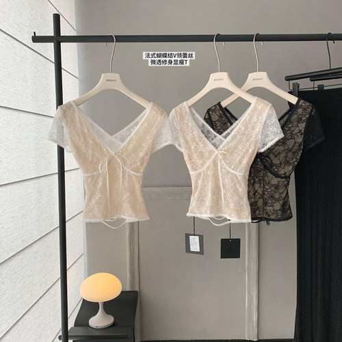 蝴蝶结V领蕾丝短袖T恤女微透上衣