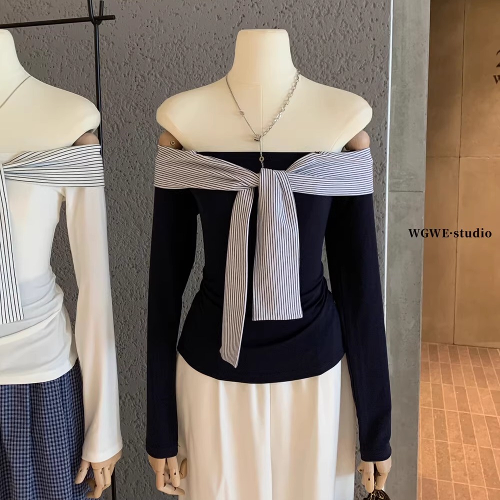 海军领条纹显瘦长袖T恤女巨好看