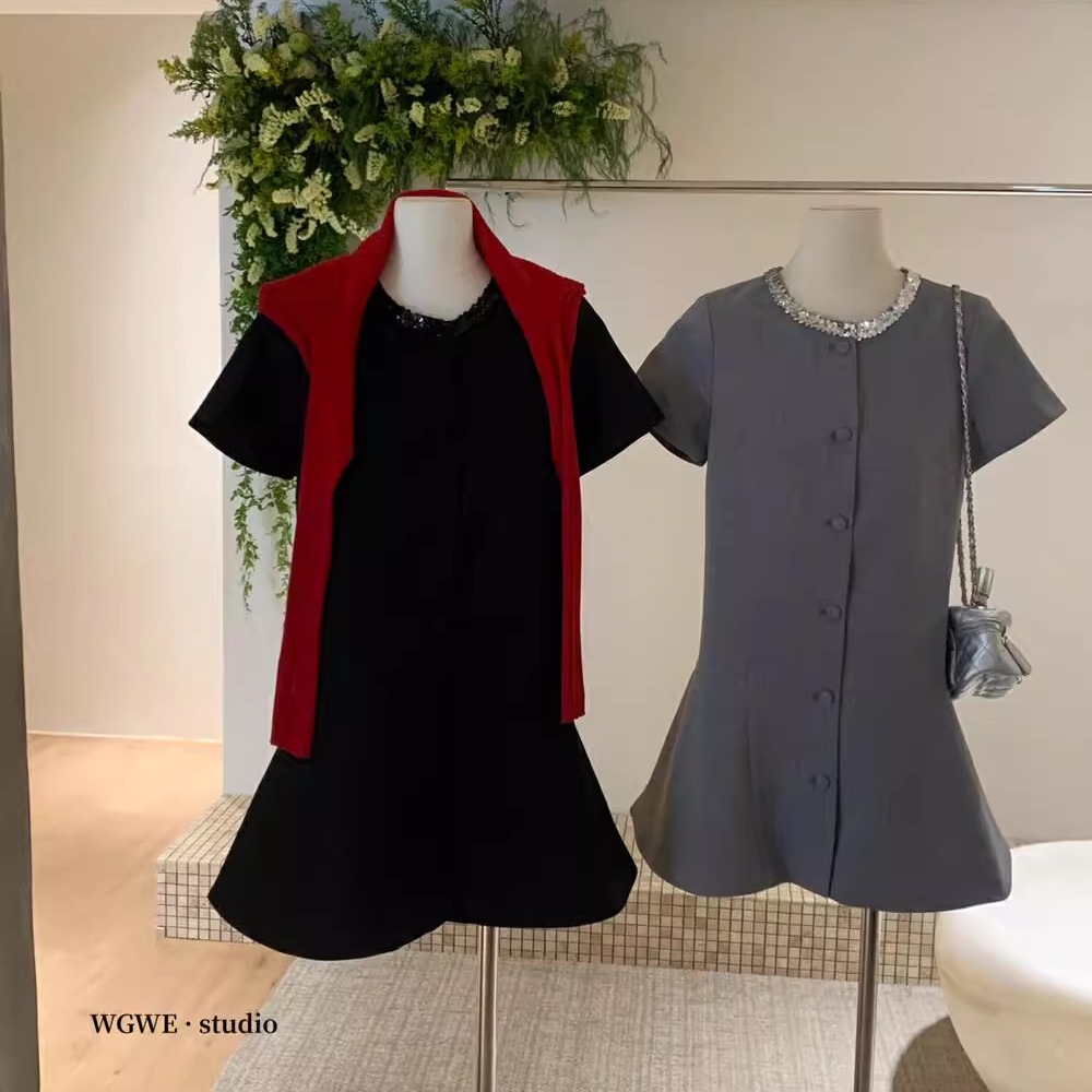 重工珠片领织带灰色西装连衣裙女高级独特气质漂亮短袖小香风裙子