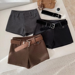 超火低腰毛呢料休闲短裤女秋冬韩版辣妹打底修身黑色加厚靴裤外穿