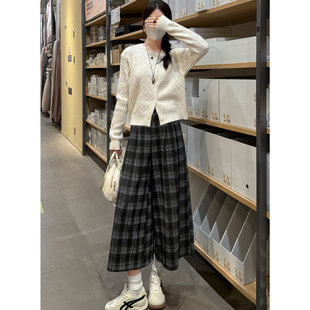 藏蓝色格子羊绒毛呢休闲裤女冬外穿新款宽松小个子阔腿高腰八分裤