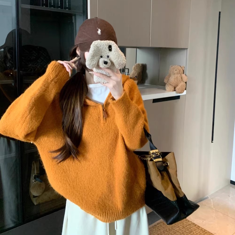 韩系慵懒半拉链连帽毛衣女加厚秋
