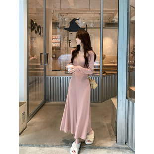 江浙沪千金穿搭气质方领垂感连衣裙女春季韩系内搭显瘦a字长裙子