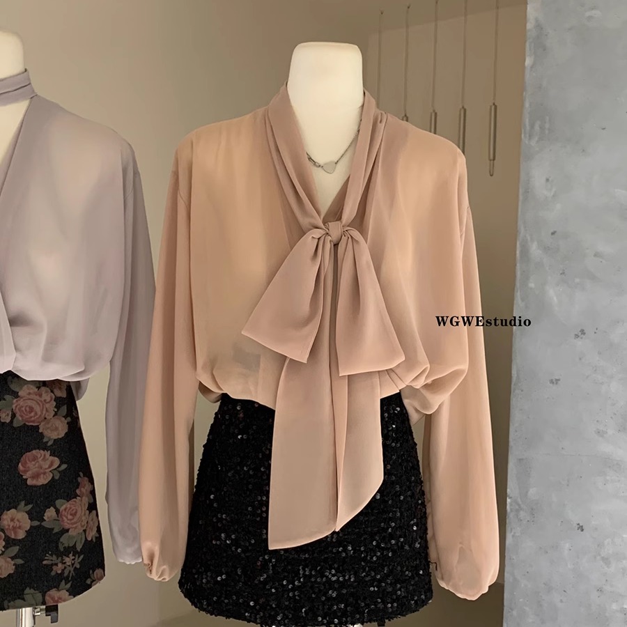 金秘书飘带衬衫裹身灯笼袖法式