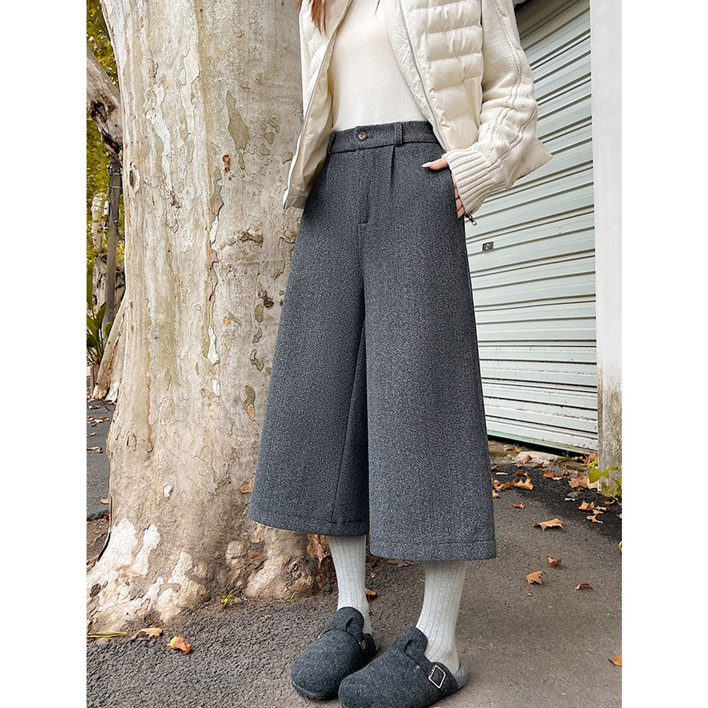 【赠运费险】灰色毛呢八分阔腿裤