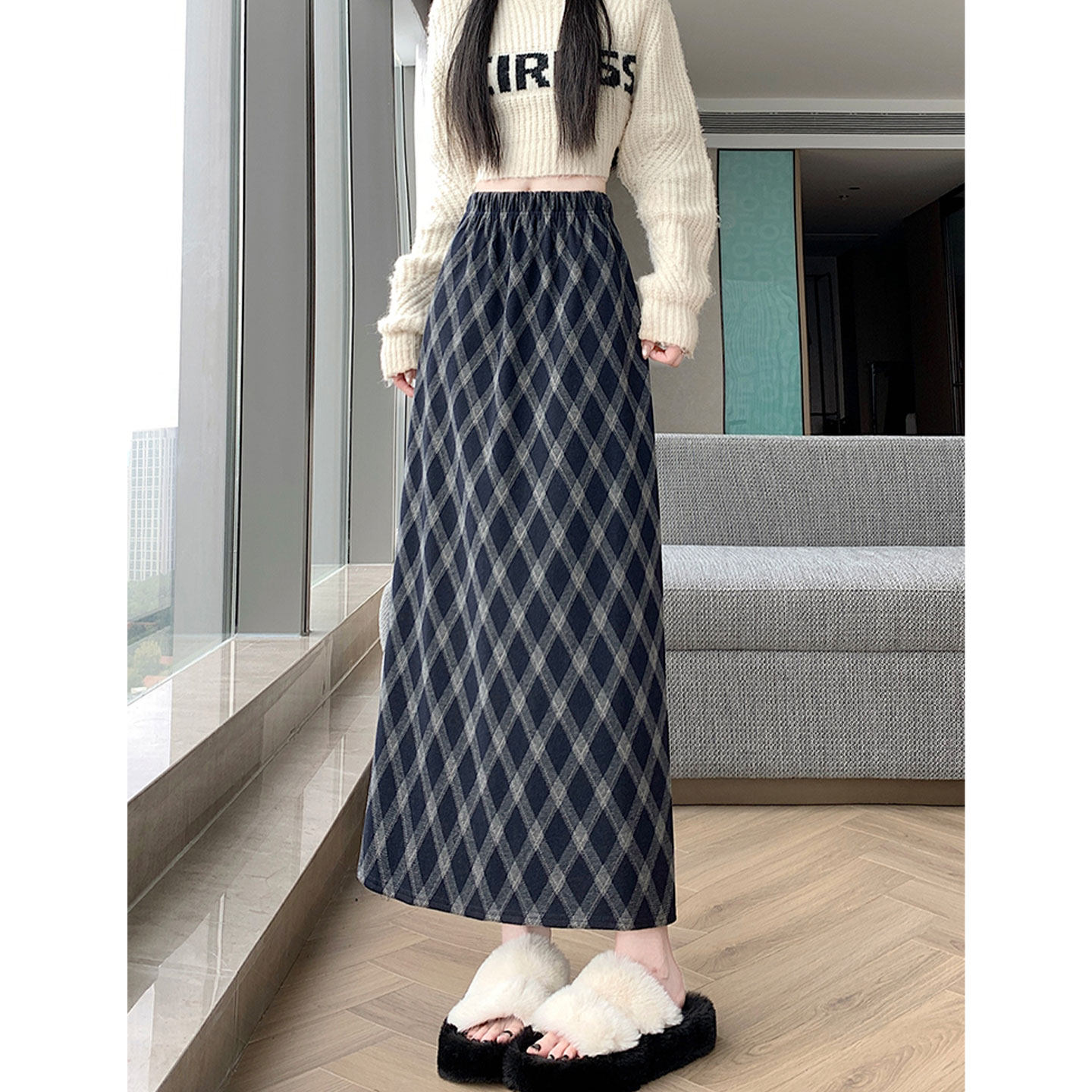 韩系复古加绒格子半身裙加厚高腰显瘦松紧腰中长款垂感显瘦直筒裙,女装/女士精品,半身裙,淘宝优惠券,粉丝福利购,淘宝优惠卷