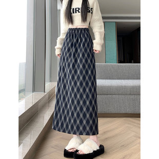 韩系复古加绒格子半身裙加厚高腰显瘦松紧腰中长款垂感显瘦直筒裙