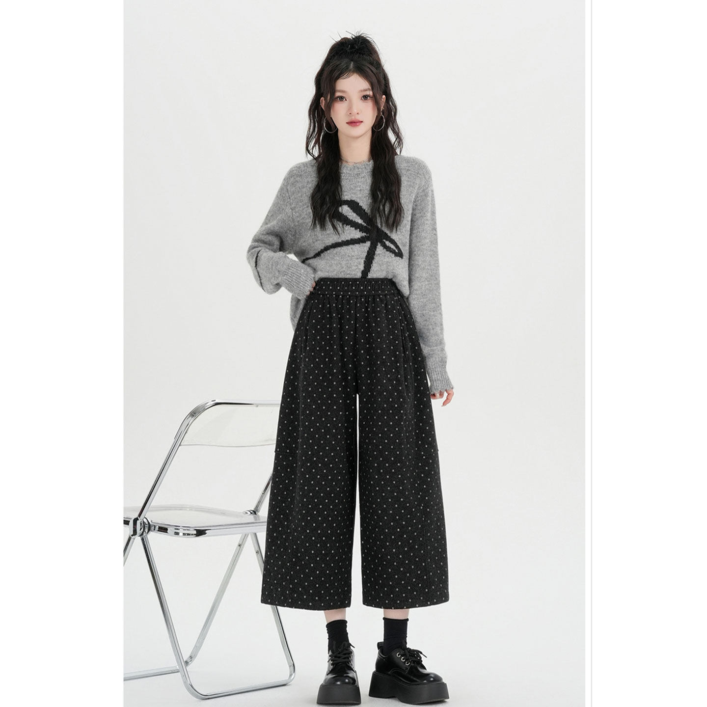 今年流行超火裤子波点毛呢休闲裤女2026春高腰显瘦黑色阔腿九分裤,女装/女士精品,休闲裤,淘宝优惠券,粉丝福利购,淘宝优惠卷