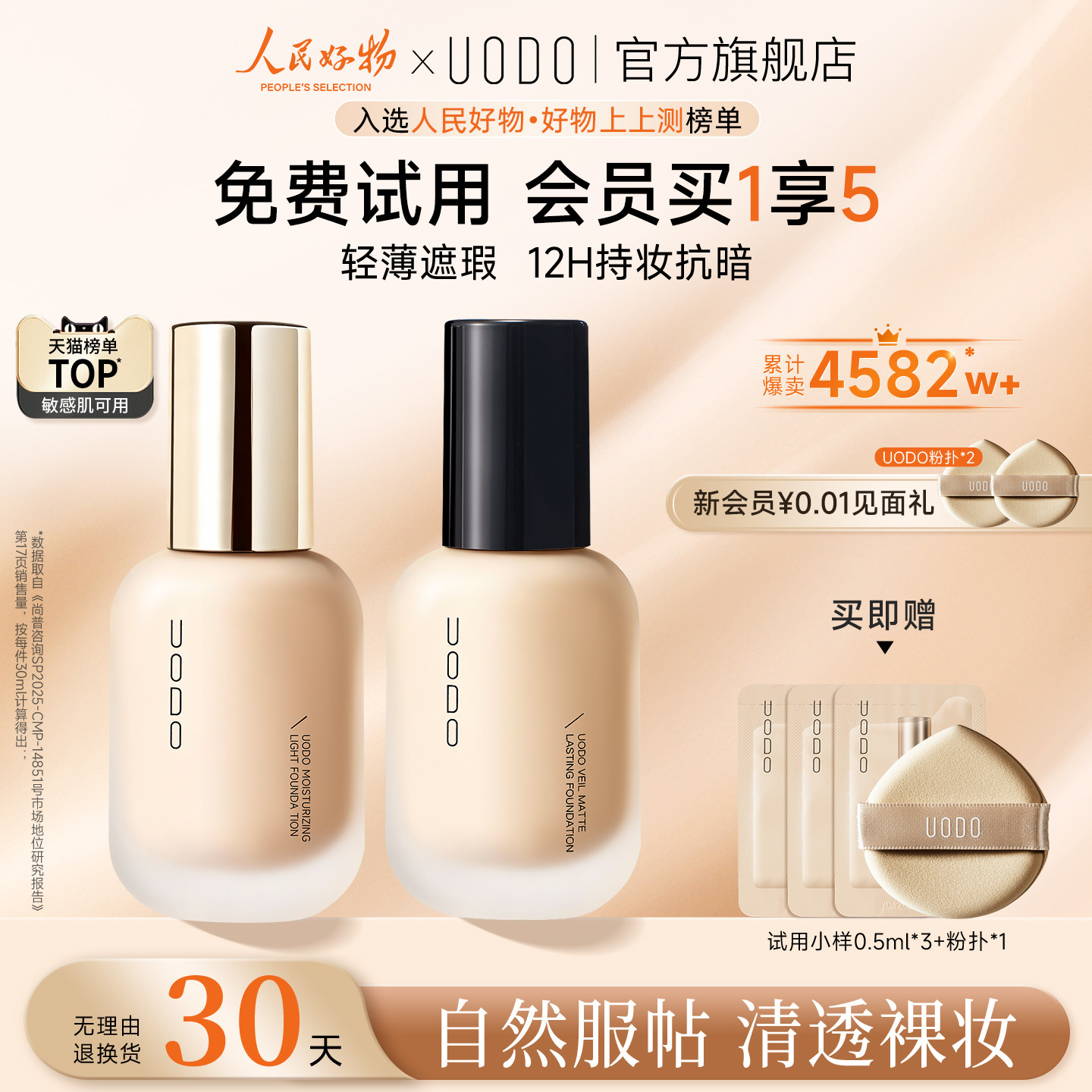 UODO粉底液遮瑕持久不脫妝水潤混油干皮控油持妝不易暗沉養膚粉霜